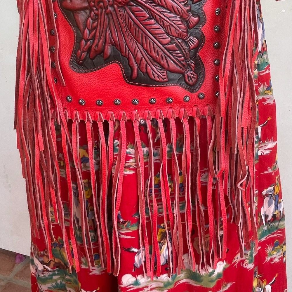 RAVIANI USA Western Red Tooled Leather American Indian Fringed Studded Bag NEW!! - Picture 12 of 14